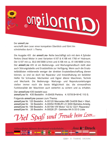 Perkins Diesel Motor Typen 4.107 & 4.108  Bild- Bedienungsanleitung & Wartungsanleitung & Bild- Ersatzteilliste & Explosionszeichnungen - annoligno 435